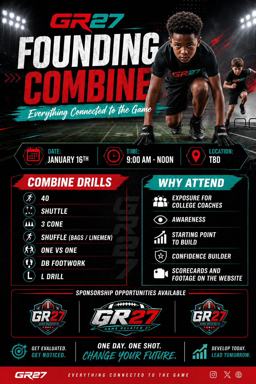 GR27 Founding Combine flyer — January 16, 2027. Everything Connected to the Game.